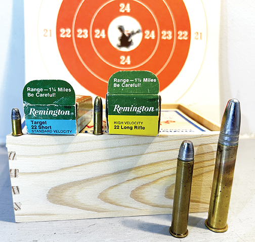 Real and not-so-real long-range cartridges, L to R: 22 Short, 22 Long Rifle, 38-55 WCF, and the Sharps 45-90.